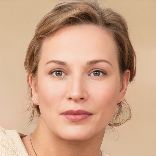 Neutral white young-adult female with medium  brown hair and grey eyes