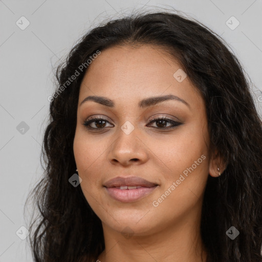 Joyful latino young-adult female with long  brown hair and brown eyes