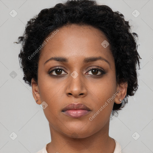 Neutral black young-adult female with short  brown hair and brown eyes