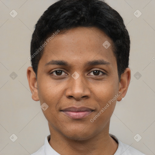 Joyful black young-adult male with short  black hair and brown eyes