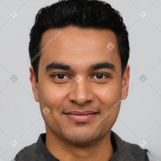 Joyful latino young-adult male with short  black hair and brown eyes