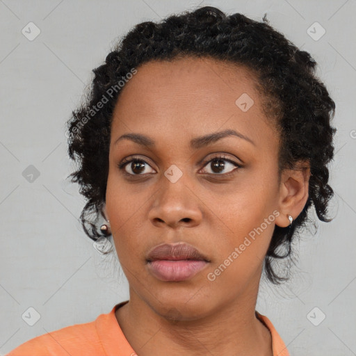 Neutral black young-adult female with medium  black hair and brown eyes