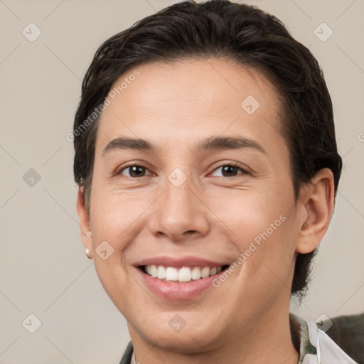 Joyful white young-adult male with short  brown hair and brown eyes