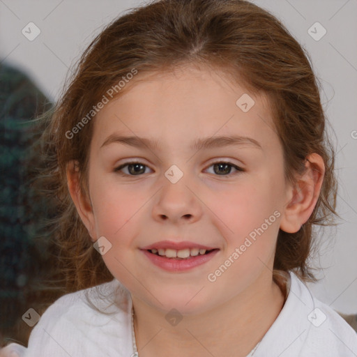 Joyful white child female with medium  brown hair and brown eyes