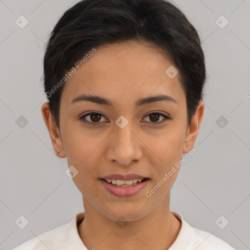 Joyful asian young-adult female with short  brown hair and brown eyes