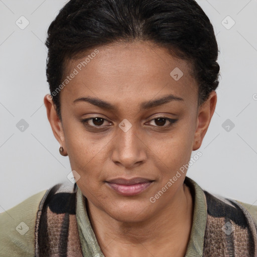 Joyful latino young-adult female with short  brown hair and brown eyes