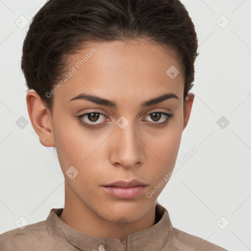 Neutral white young-adult female with short  brown hair and brown eyes