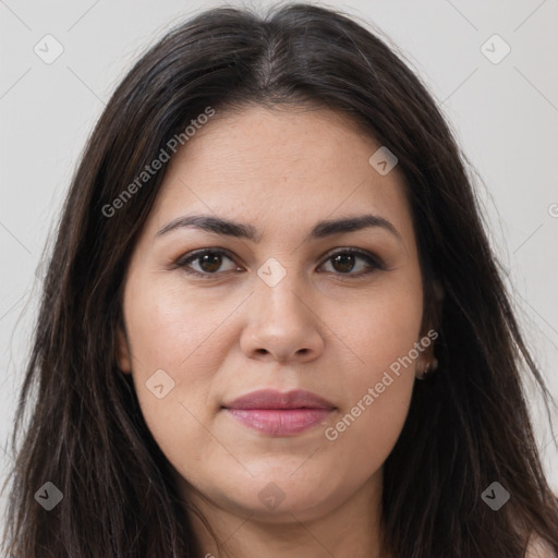 Joyful white young-adult female with long  brown hair and brown eyes