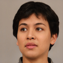 Neutral asian young-adult female with short  brown hair and brown eyes