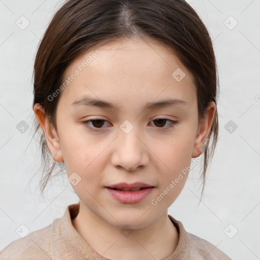 Joyful white child female with medium  brown hair and brown eyes