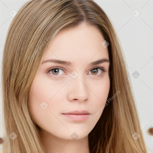 Neutral white young-adult female with long  brown hair and brown eyes