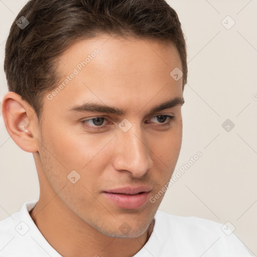 Neutral white young-adult male with short  brown hair and brown eyes