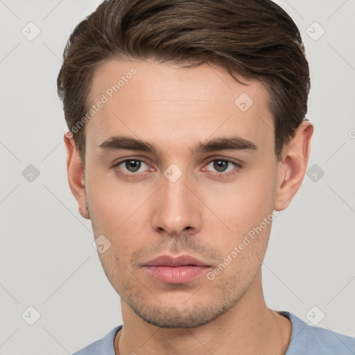 Neutral white young-adult male with short  brown hair and brown eyes