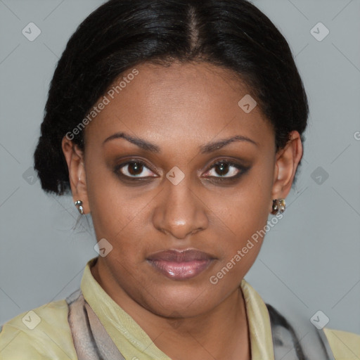 Joyful latino young-adult female with medium  brown hair and brown eyes