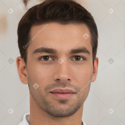 Neutral white young-adult male with short  brown hair and brown eyes