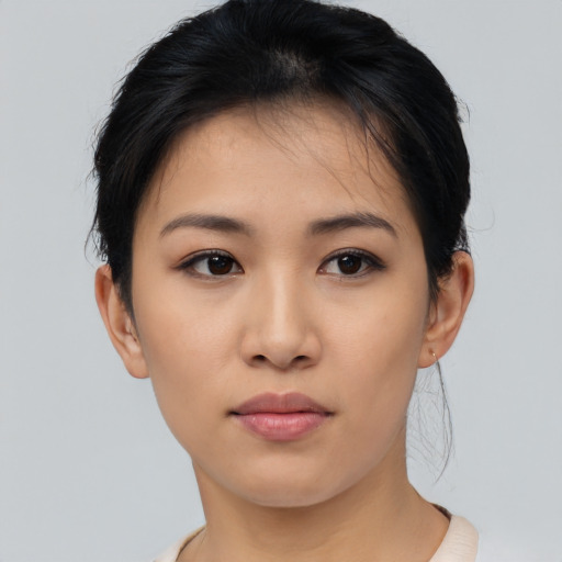Neutral asian young-adult female with short  black hair and brown eyes