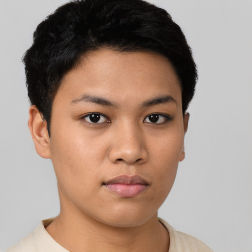 Neutral asian young-adult female with short  black hair and brown eyes