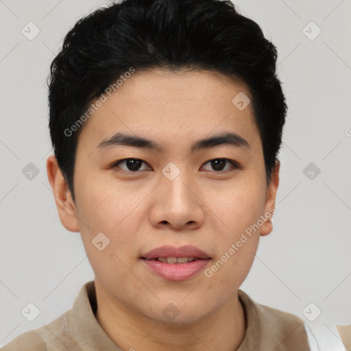 Joyful asian young-adult male with short  black hair and brown eyes