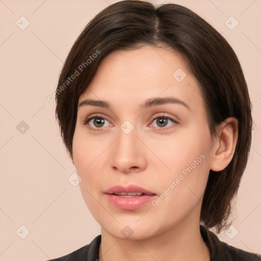 Neutral white young-adult female with medium  brown hair and brown eyes