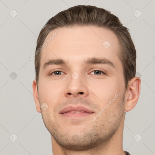 Neutral white young-adult male with short  brown hair and brown eyes