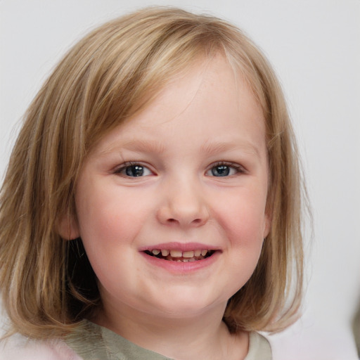 Joyful white child female with medium  brown hair and blue eyes