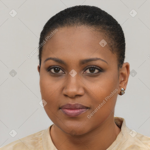 Joyful black young-adult female with short  brown hair and brown eyes