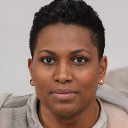 Neutral black young-adult female with short  black hair and brown eyes