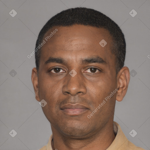 Neutral latino adult male with short  black hair and brown eyes