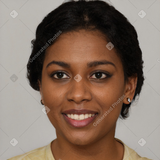 Joyful latino young-adult female with short  black hair and brown eyes