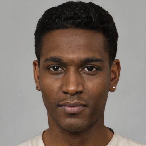 Neutral black young-adult male with short  black hair and brown eyes