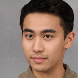 Neutral asian young-adult male with short  black hair and brown eyes