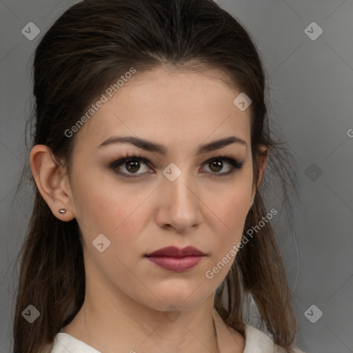 Neutral white young-adult female with medium  brown hair and brown eyes