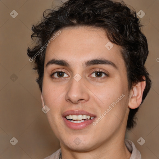 Joyful white young-adult male with medium  brown hair and brown eyes