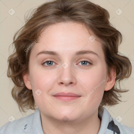 Joyful white young-adult female with medium  brown hair and blue eyes