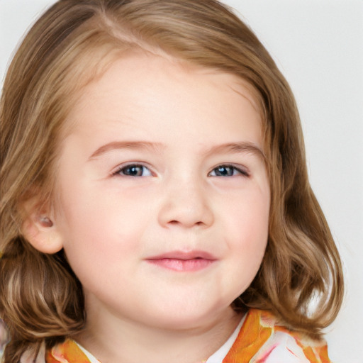 Neutral white child female with medium  brown hair and blue eyes