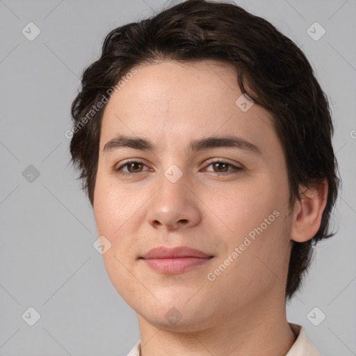 Joyful white young-adult female with short  brown hair and brown eyes