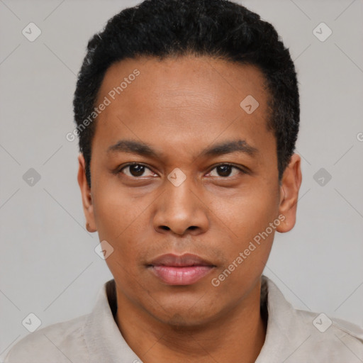 Neutral latino young-adult male with short  black hair and brown eyes