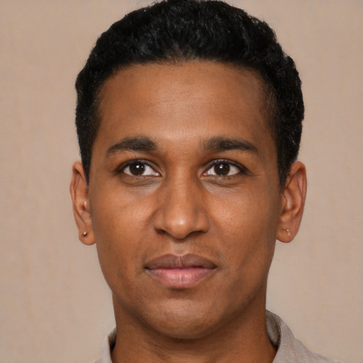 Neutral black young-adult male with short  black hair and brown eyes
