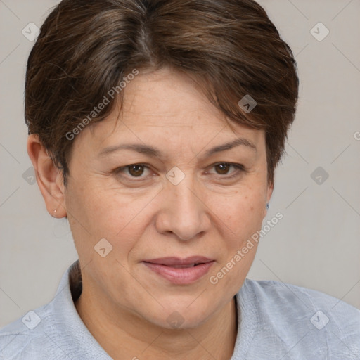 Joyful white adult female with short  brown hair and brown eyes