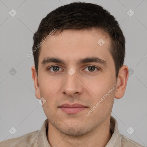 Neutral white young-adult male with short  brown hair and brown eyes