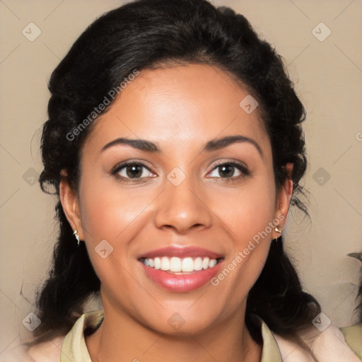 Joyful latino young-adult female with long  brown hair and brown eyes