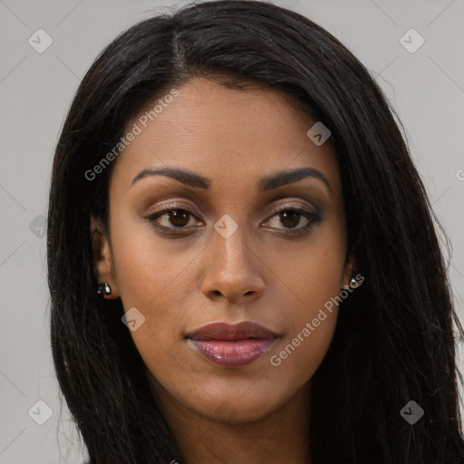 Joyful asian young-adult female with long  brown hair and brown eyes