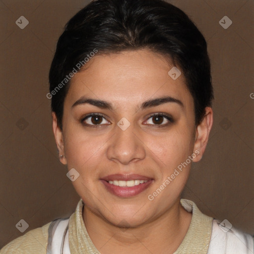 Joyful white young-adult female with short  brown hair and brown eyes