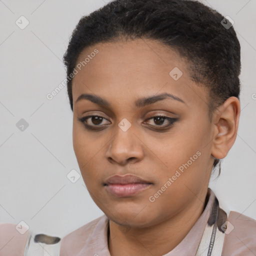 Neutral black young-adult female with short  black hair and brown eyes