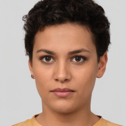 Neutral white young-adult female with short  brown hair and brown eyes