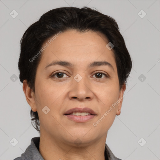 Joyful white adult female with short  brown hair and brown eyes