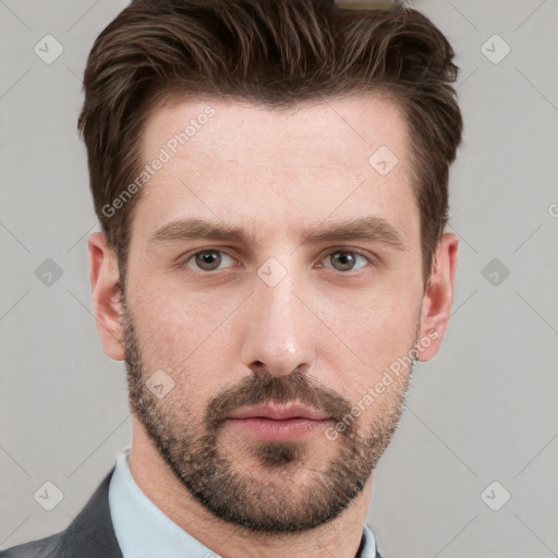 Neutral white young-adult male with short  brown hair and grey eyes