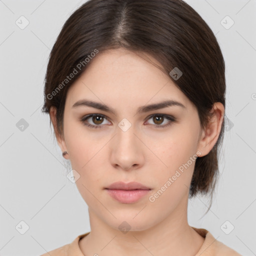 Neutral white young-adult female with medium  brown hair and brown eyes