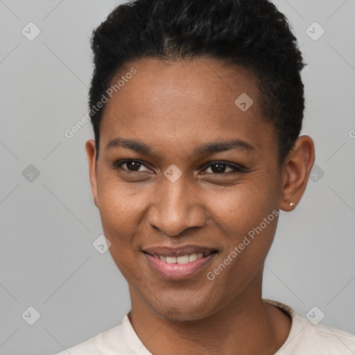 Joyful black young-adult female with short  brown hair and brown eyes