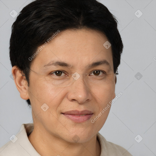 Joyful white adult female with short  brown hair and brown eyes